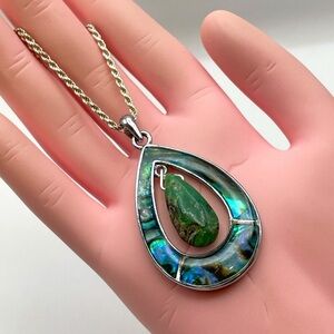 Italy 925 Sterling Silver Abalone Stone Teardrop Pendant Necklace Chain Boho